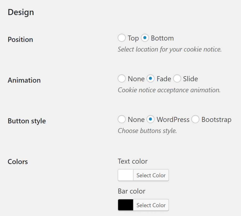 Cookie Notice's style settings.