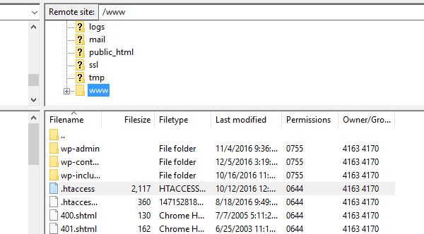 The FTP client interface with the root folder and htaccess file highlighted