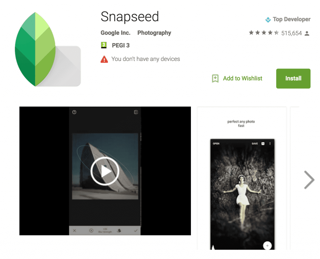 The Snapseed home page.