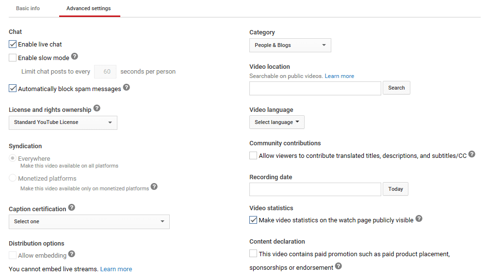 The Advanced settings tab