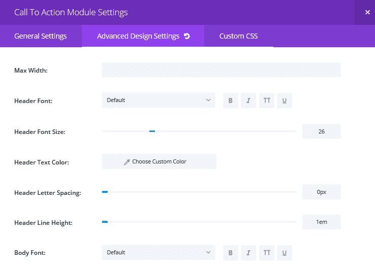 The Call To Action module Advanced Design Settings tab