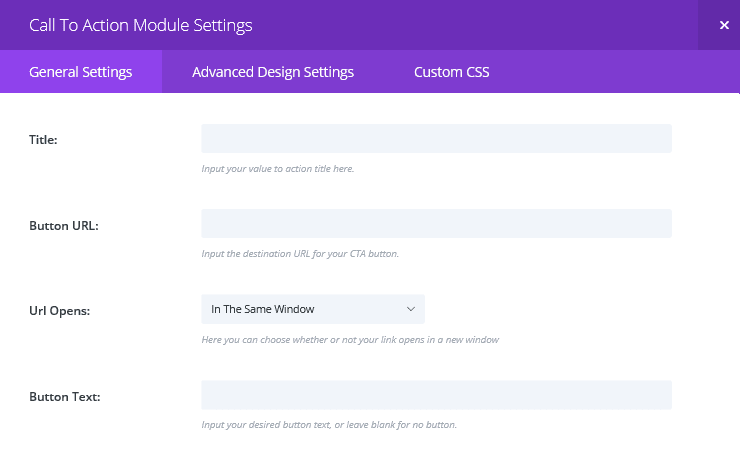 The Call To Action Module Settings screen