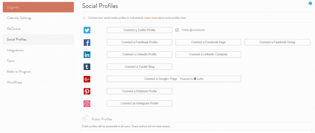 The CoSchedule Social Profiles settings screen