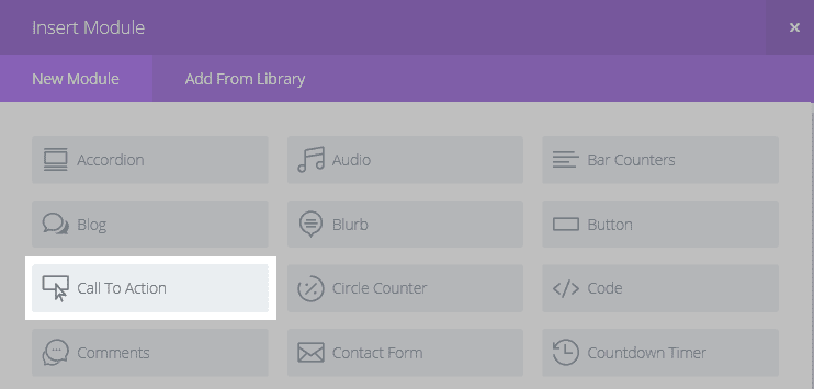 The Insert Module screen with the Call To Action module highlighted