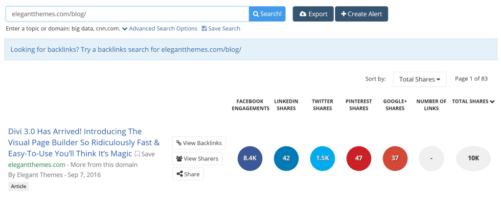 An example of a BuzzSumo search.