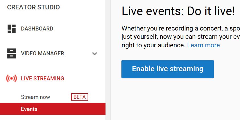 The Events tab and Enable live streaming button