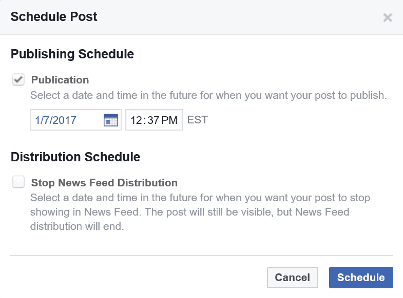 Facebook's Schedule Post screen