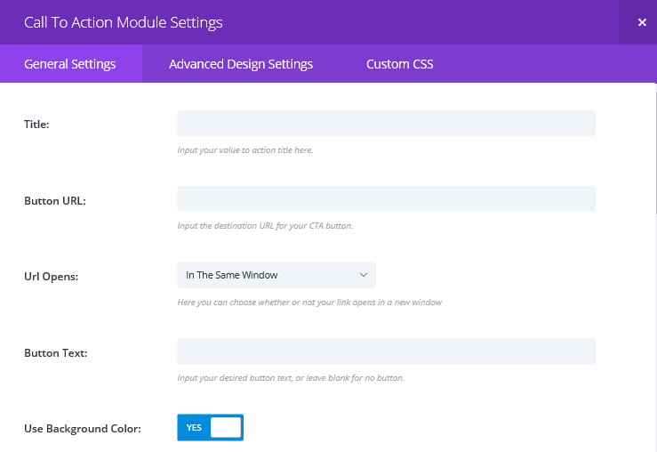 The Call To Action module General Settings tab