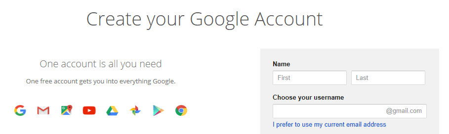 The Google SignUp page