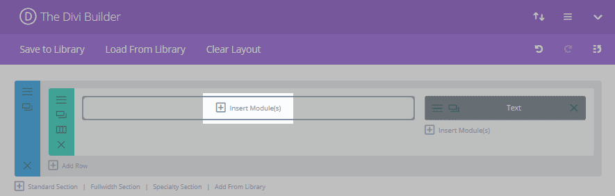 The Divi Builder with the Insert Module(s) button highlighted