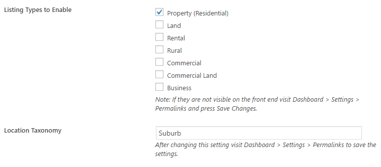 The types of listings available with the plugin.