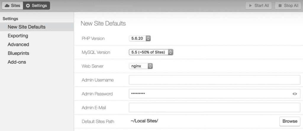 Local by Flywheel's default WordPress settings.