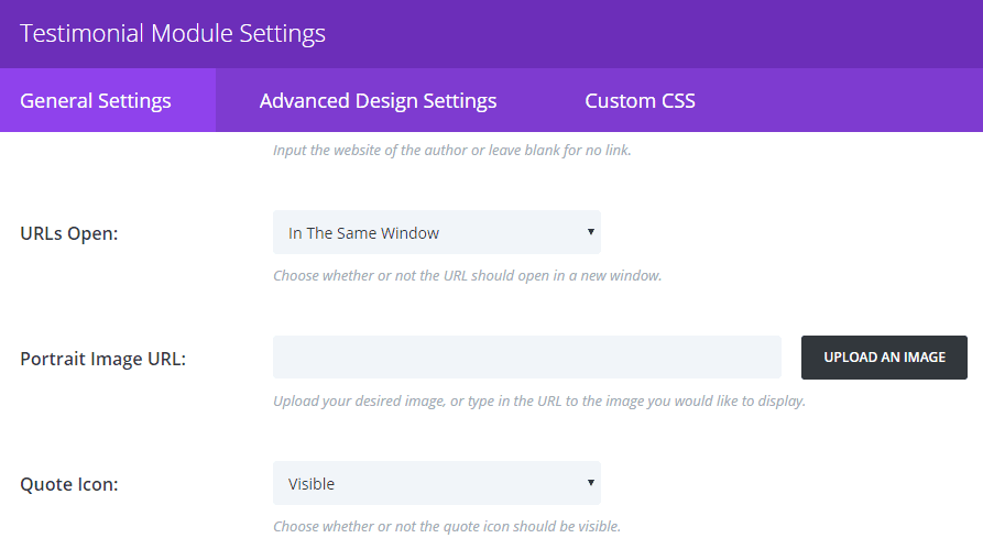 Additional settings for the Divi testimonial module.