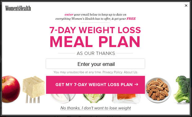 A Women's Health email subscription popup