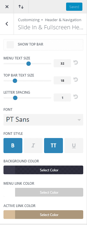 Customizer Navigation Settings for Coffee House layout