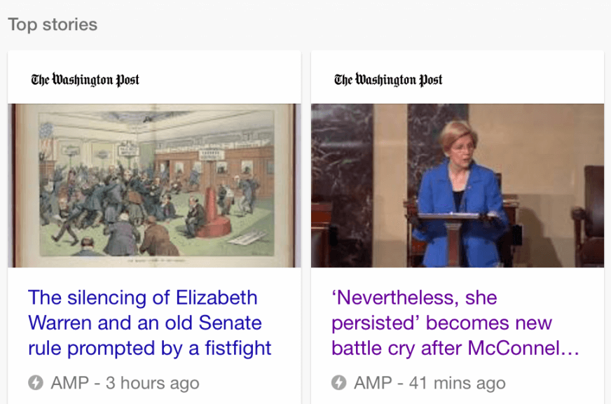 A Google Top stoires carousel showing several Washington Post articles with the AMP symbol