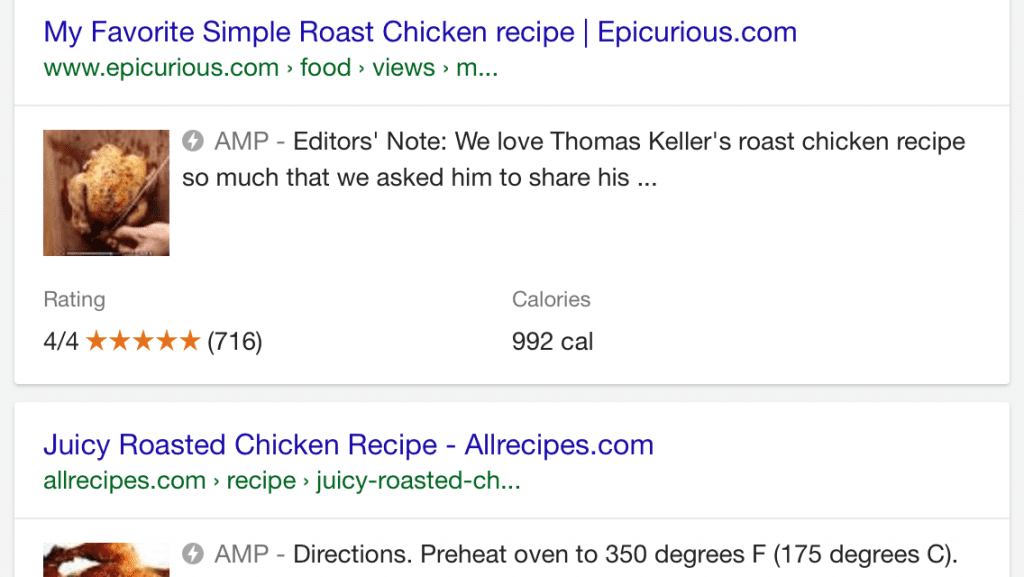 Organic search results bearing the AMP symbol