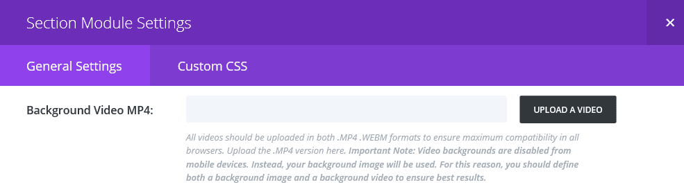 The background video field within the section module settings.