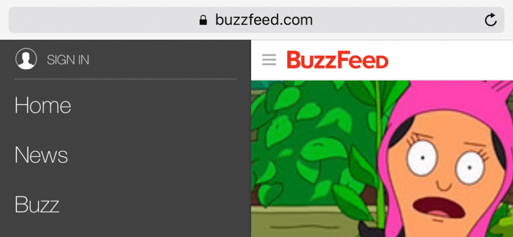 The BuzzFeed homepage showing part of the dropdown menu