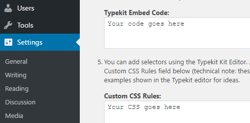 Configuring the Typekit Fonts to WordPress plugin.