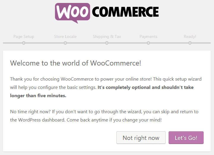 The first page of the WooCommerce setup wizard