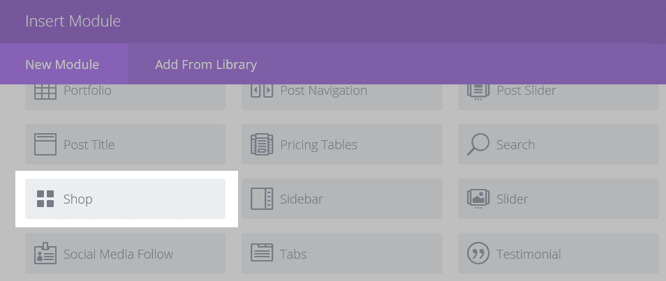 The Insert Module screen with the Shop module highlighted