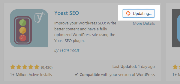 A screenshot of the Yoast SEO plugin updating with the update button highlighted