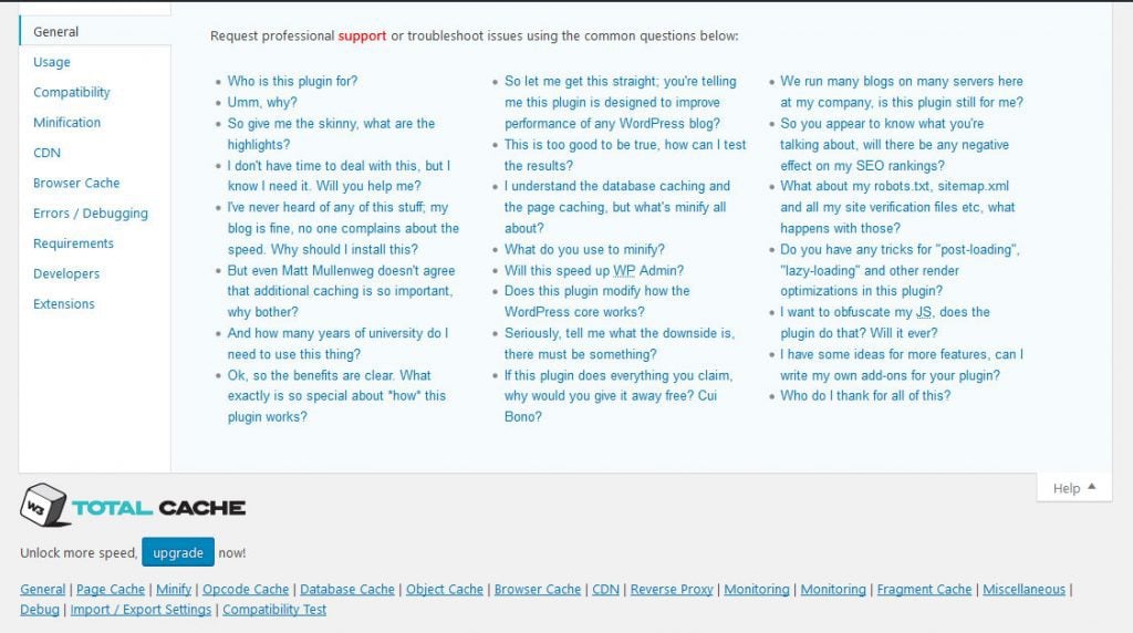 w3 total cache help section