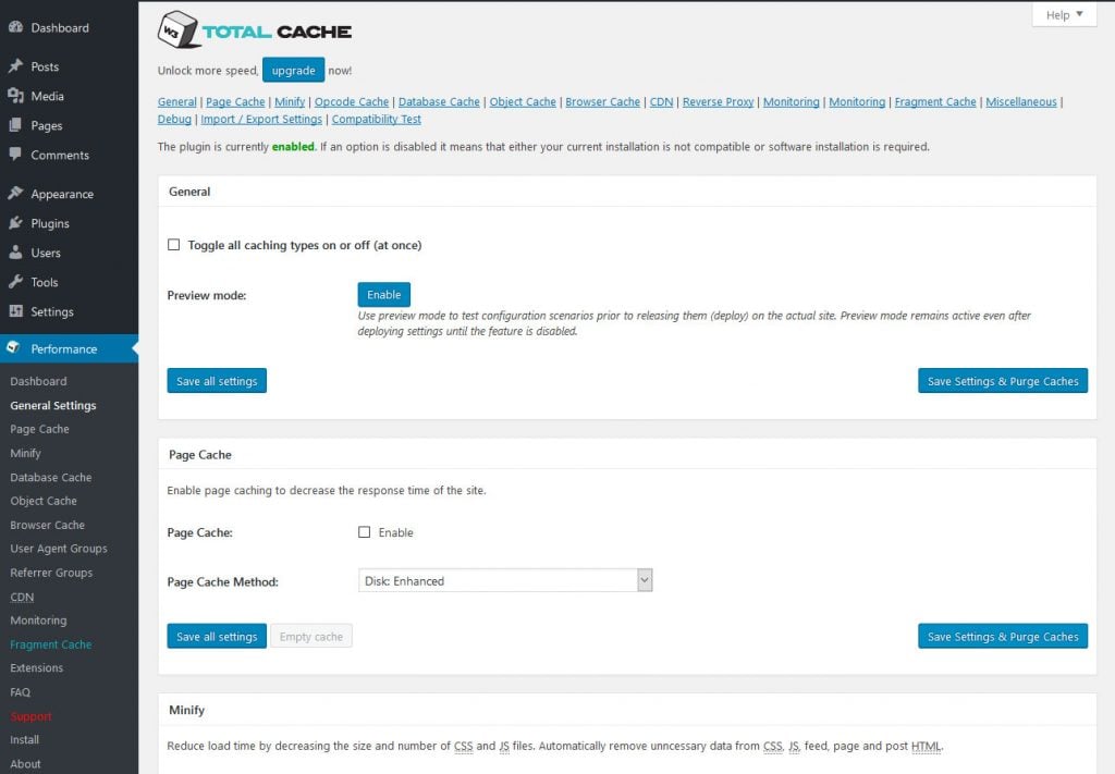 w3 total cache vs wp super cache w3tc settings page