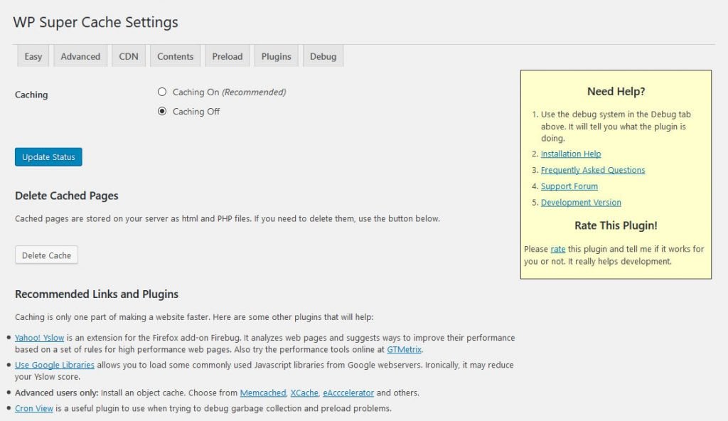 wp super cache settings page