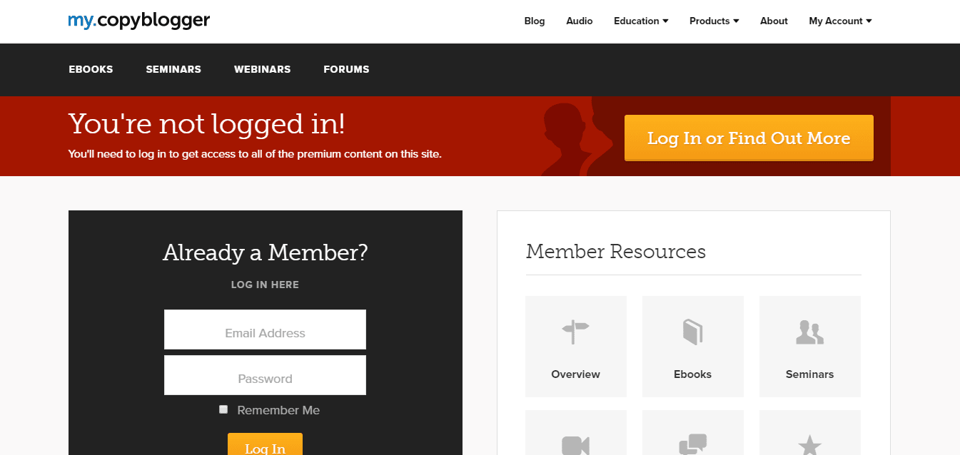 Copyblogger's restriced content membership area.