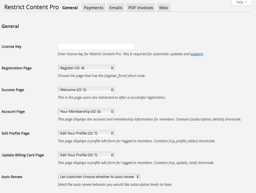 General settings page for Restrict Content Pro.