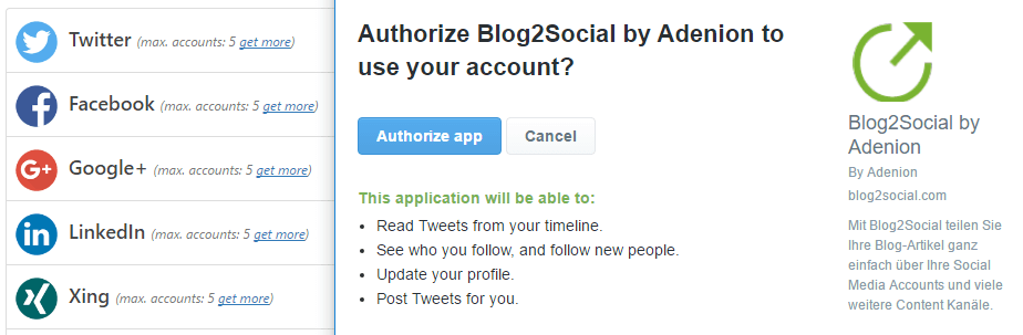Authorizing Blog2Social to work with Twitter.