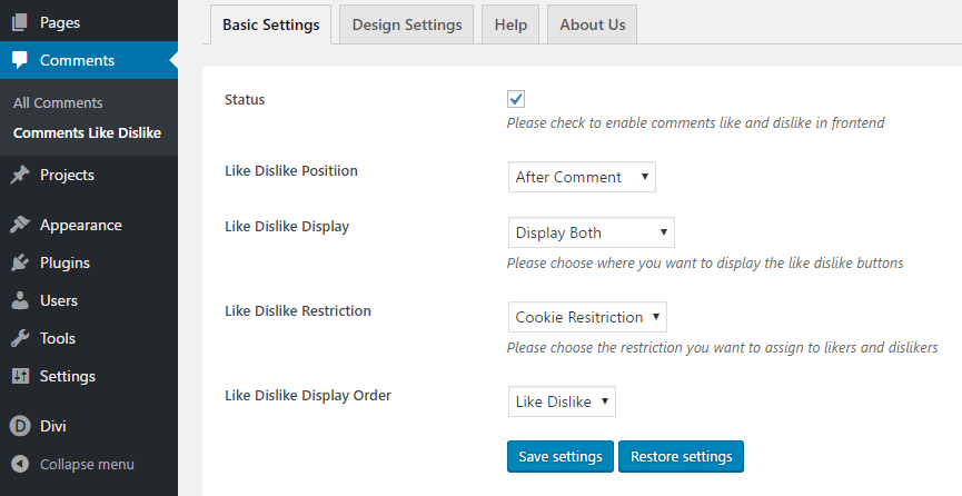 The Comments Like Dislike plugin's main settings.