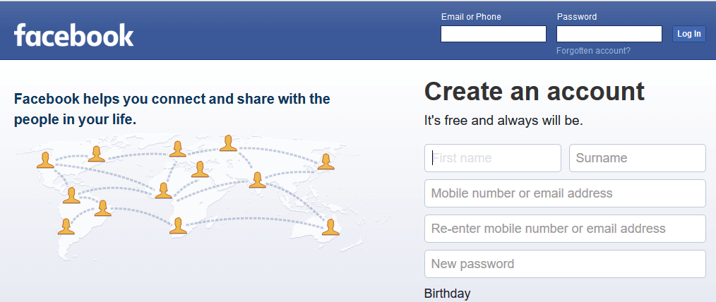 A screenshot of Facebook's homepage.