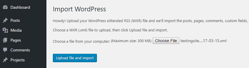 Importing an XML file to WordPress.