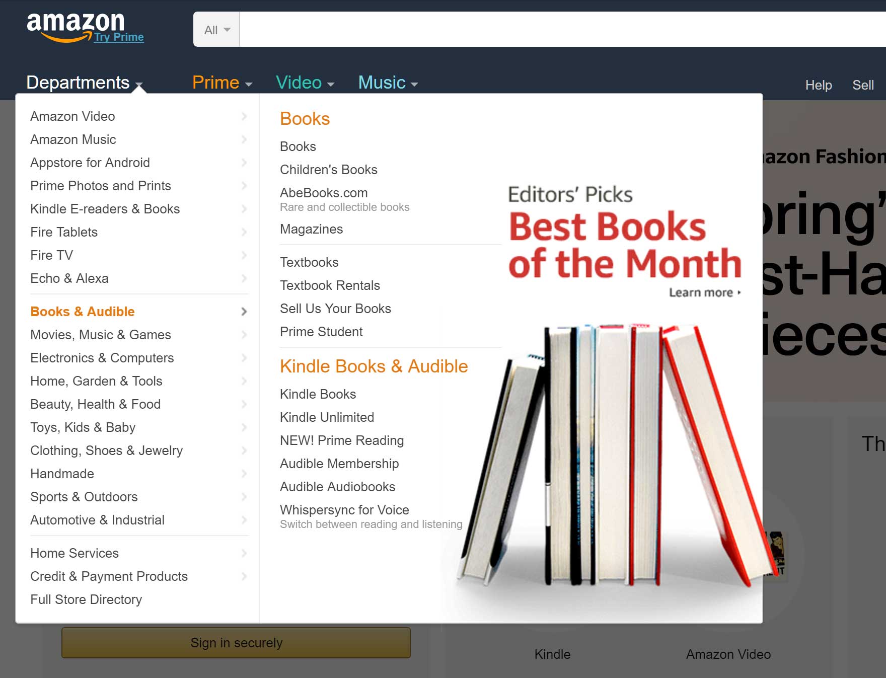 Amazon sub-menu example