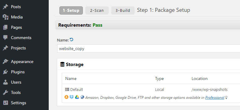 Duplicator's setup settings.