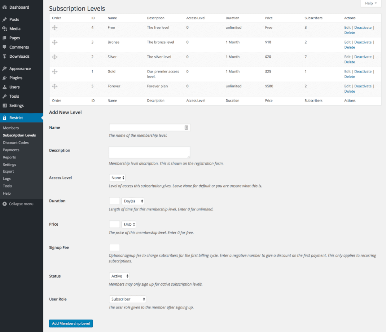 Subscription levels settings page for Restrict Content Pro.