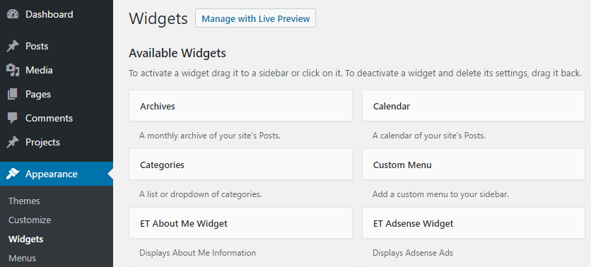 WordPress' widgets screen.