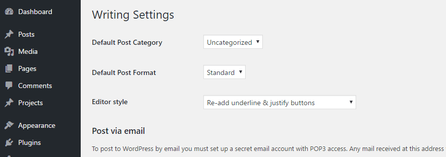 Configuring your WordPress Writing settings.