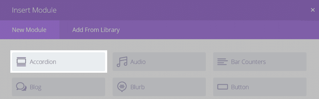The Insert Module screen with the Accordian button highlighted