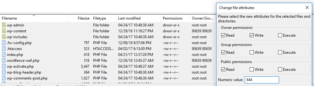 Replacing the permissions value for your WordPress files.