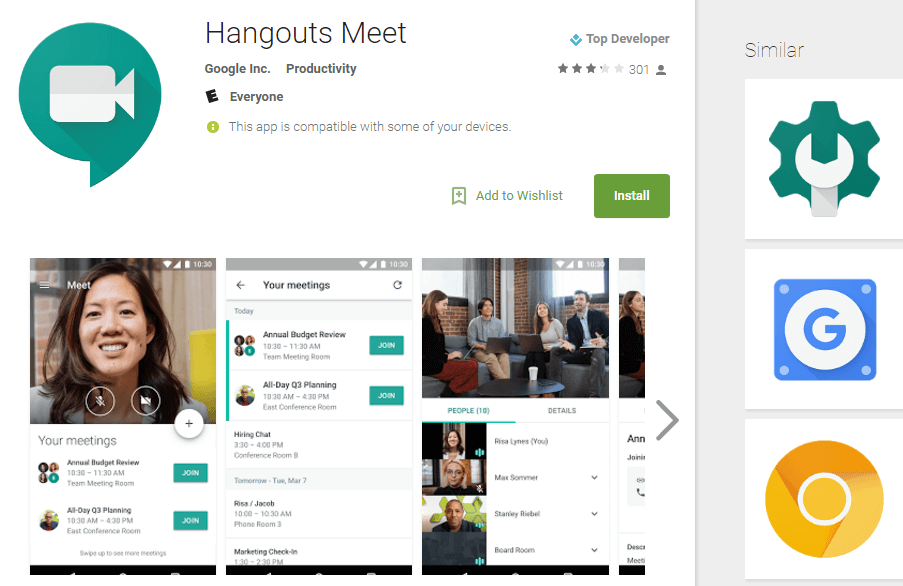 A screenshot of the Google Meet app page for Android.