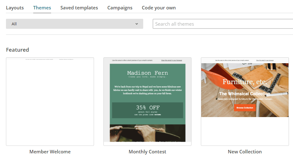 Several examples of MailChimp's email templates.