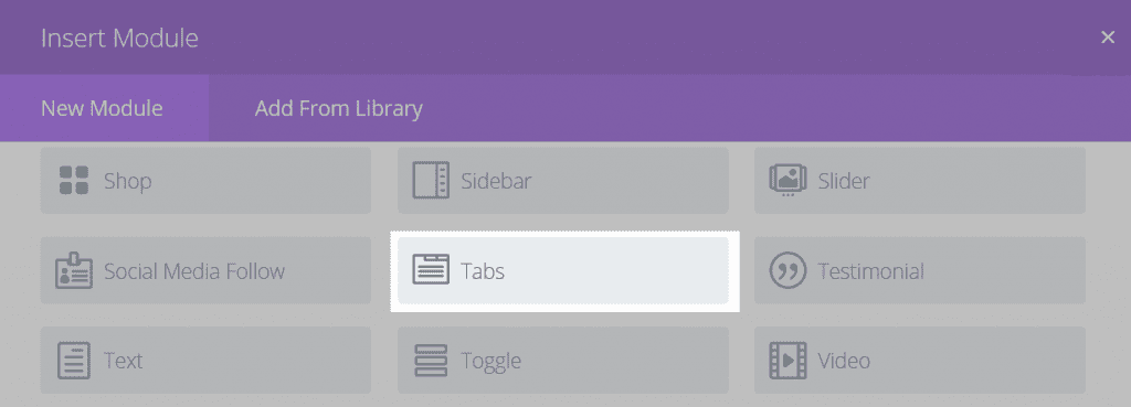 The Insert Module screen with the Tabs button highlighted