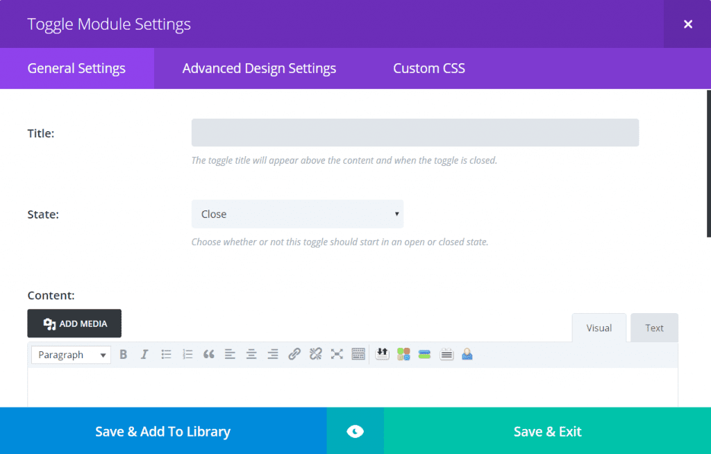 The Toggle module Settings screen