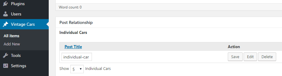 An example of a parent and child relationship between two custom post types.