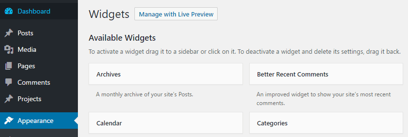 The WordPress Widgets tab.