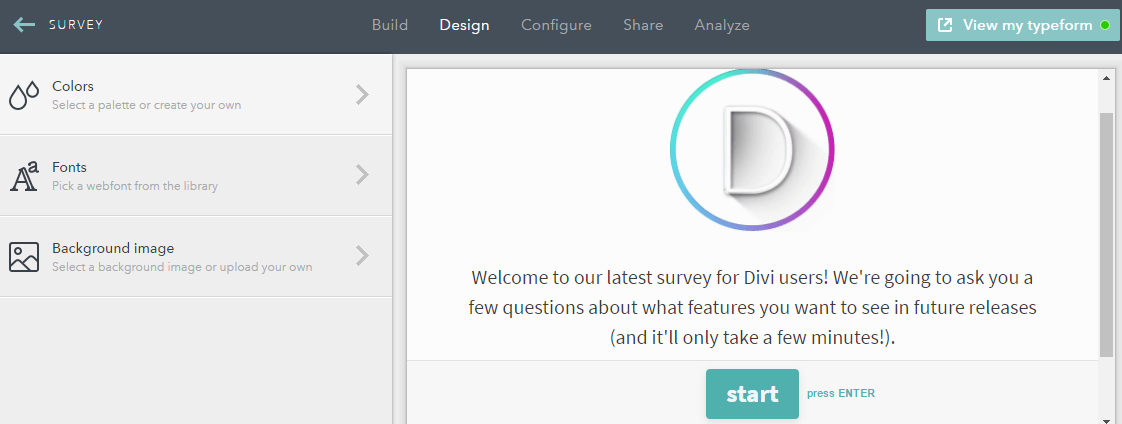 Typeform's Design customization tab.